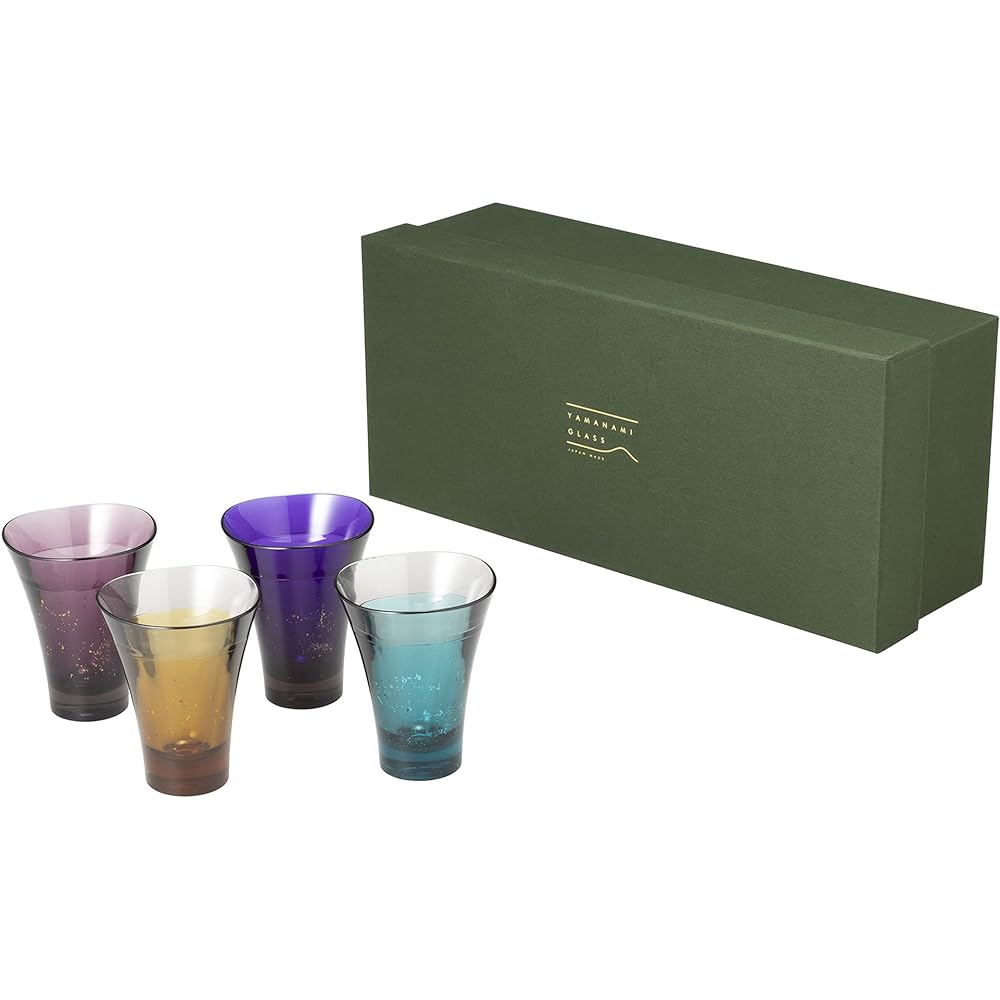 YAMANAMI Glass, paulownia box, 4-color set, Sake glass, cup, domestic gold leaf/silver leaf, 60ml, gift, dishwasher safe, heat resistant, 100 degrees, warranty included, camping, outdoor, for children, made in Japan, YE/SB/PU/DB 60ml