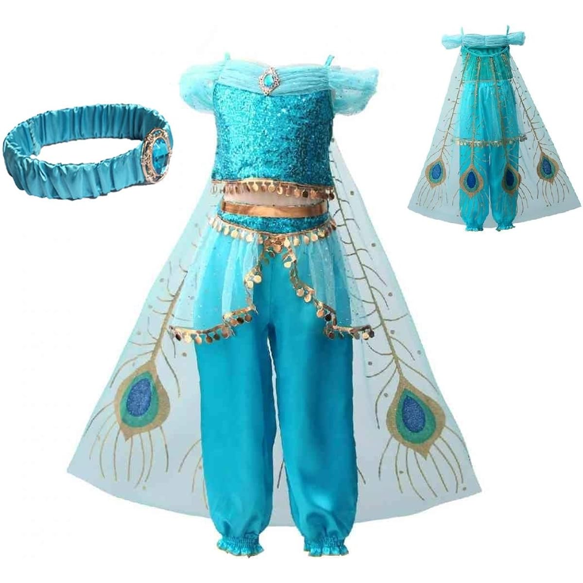Getupp Jasmine Costume Live Action Version for Kids Girls Aladdin Halloween Cosplay Costume Arabian Style Dance Clothes Breathable Sequins Aladdin and the Magic Lamp Event Character Party Stage Performance Clothes Christmas 110-150 (Green 4, 130)