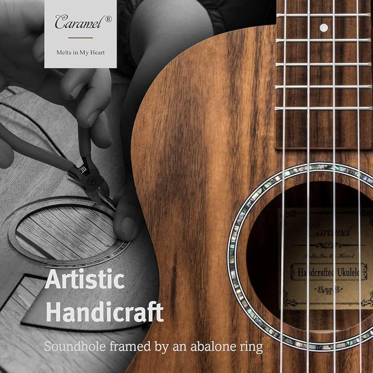 Caramel Concert Ukulele CC207-23" KOA Acacia Wood Ukulele for Adults Beginner Kit with Carbon Strings, Digital Tuner and Strap