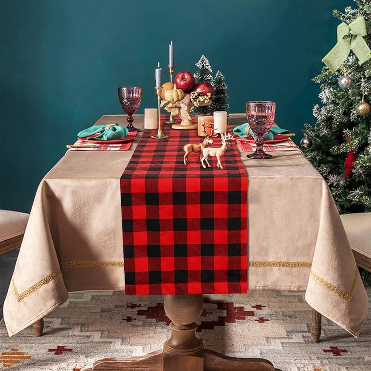 Cotton & Burlap Buffalo Check Table Runner Christmas Reversible Buffalo Check Table Runner for Christmas Holidays Birthday Parties Family Dinners Gatherings Everyday Use (Red and Black) 14x72 Inch