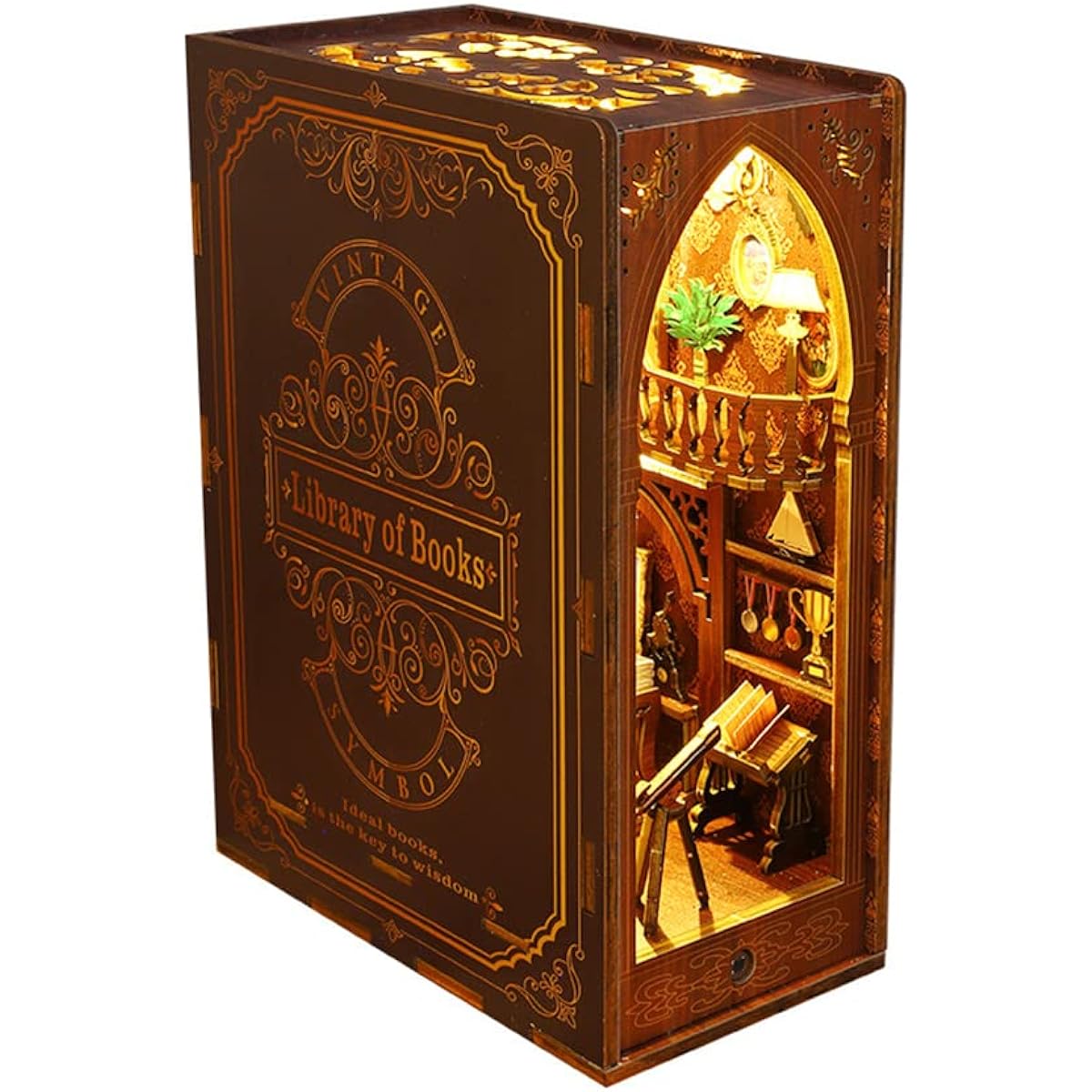 Book Nook Miniature Kit DIY Wooden Dollhouse 3D Wooden Puzzle Bookends Library Bookshelf Decor Craft for Adults Assembly Model Kit with Sensor Light