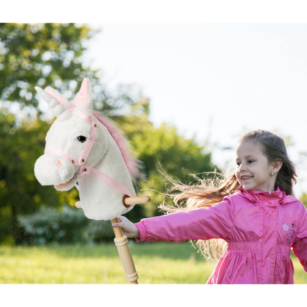 HollyHOME Plush Unicorn Stick Horse with Wooden Wheels, Real Pony, Sounds of Crouching and Galloping, Stuffed Animal, White, 37 Inch (Requires AA Batteries)