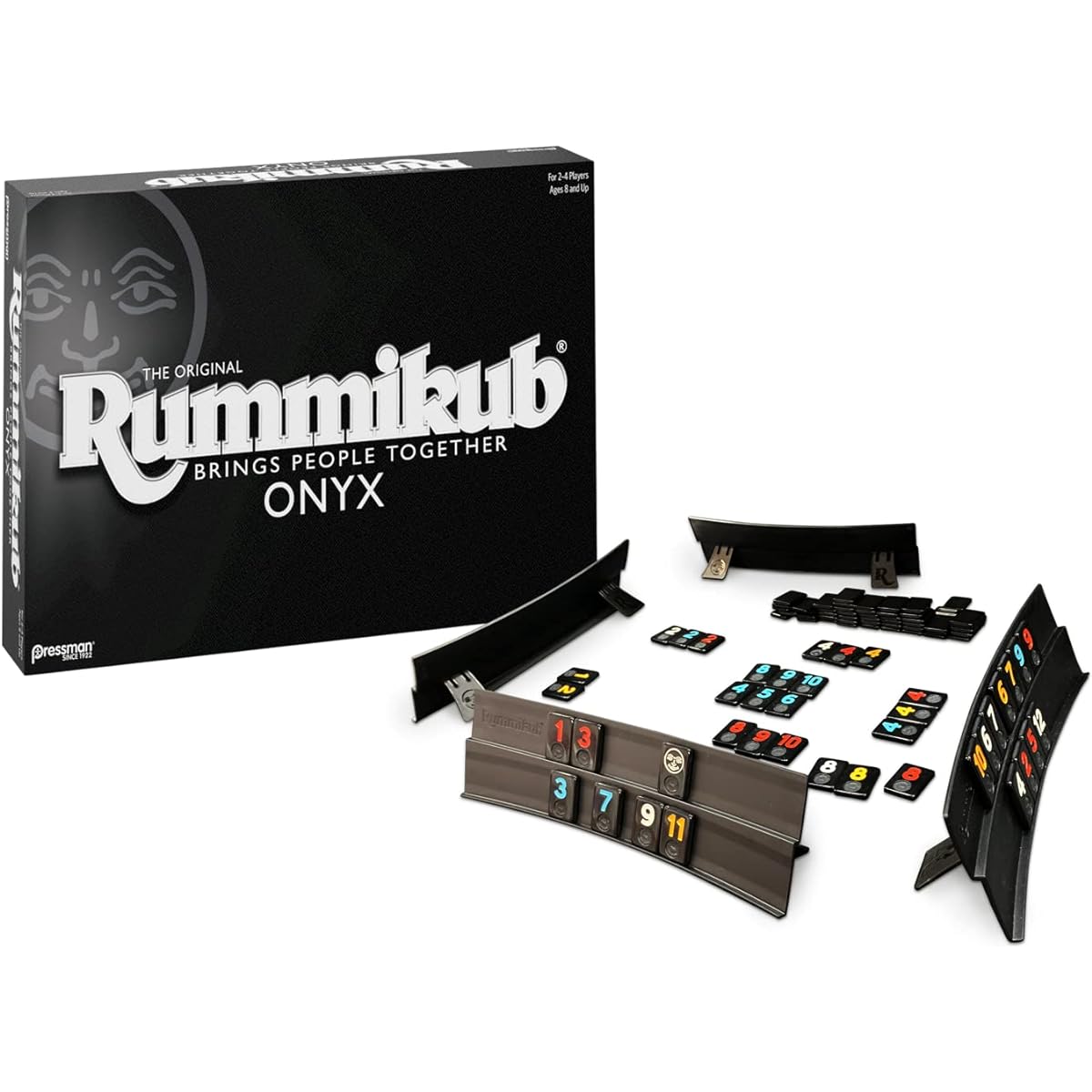 Rummikub Onyx Edition - A sophisticated set of unique black Rummikub tiles and vibrantly colored engraved numbers by Pressman.