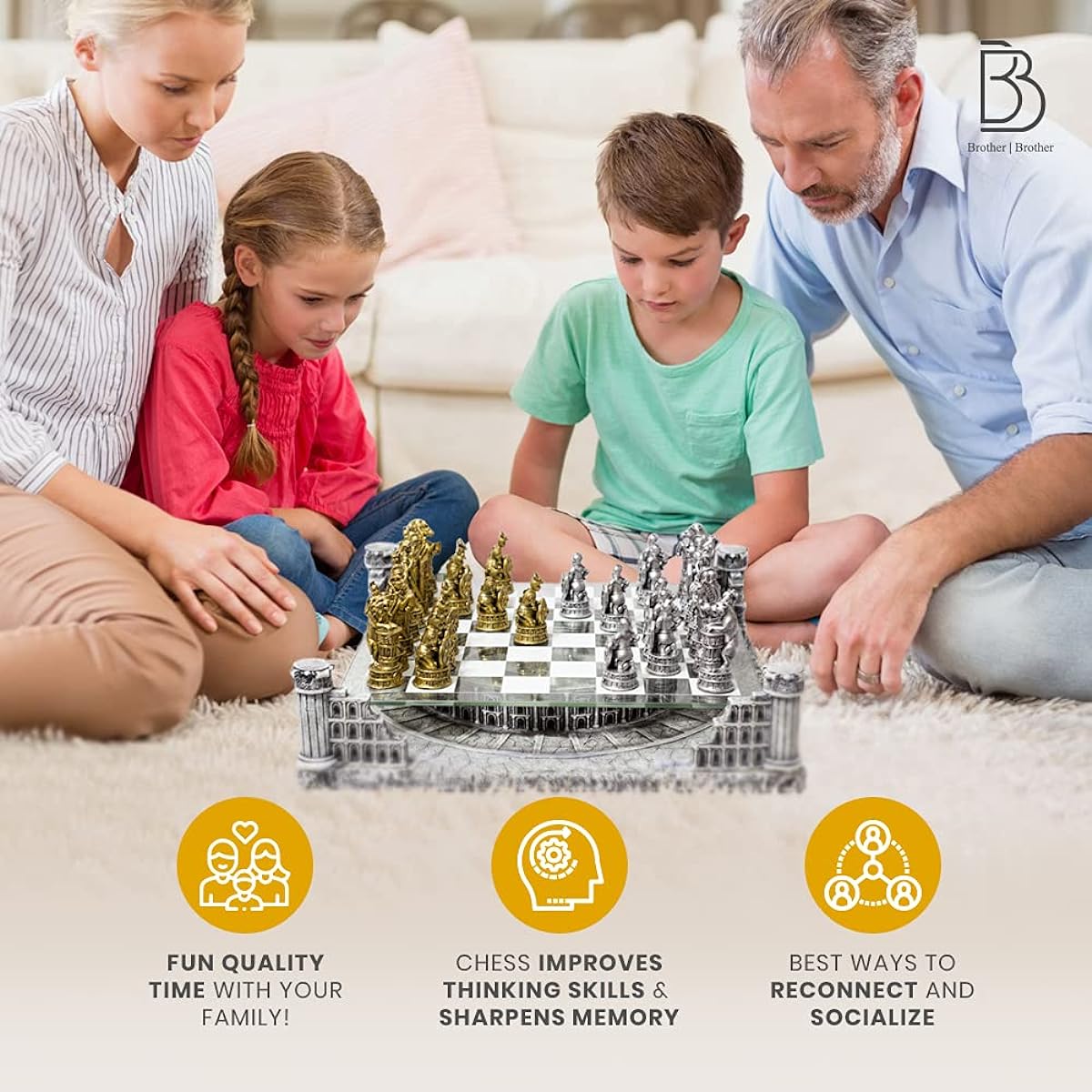 BB Brother Ancient Roman Gladiators 3D Chess Board Game Set with Glass Board, Handmade Gold and Silver Polyresin Chess Pieces for 2 Players
