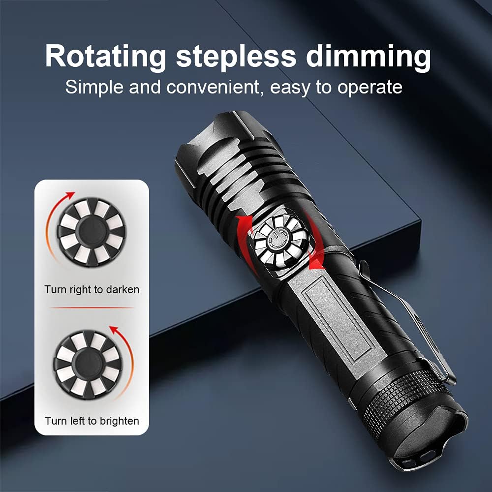 LED Flashlight USB Rechargeable, XHP99 8000 Lumens Super Bright Tactical Flashlight, 4 Modes Stepless Dimming Zoomable Waterproof Powerful Handheld Torch Light for Camping Hiking Emergency