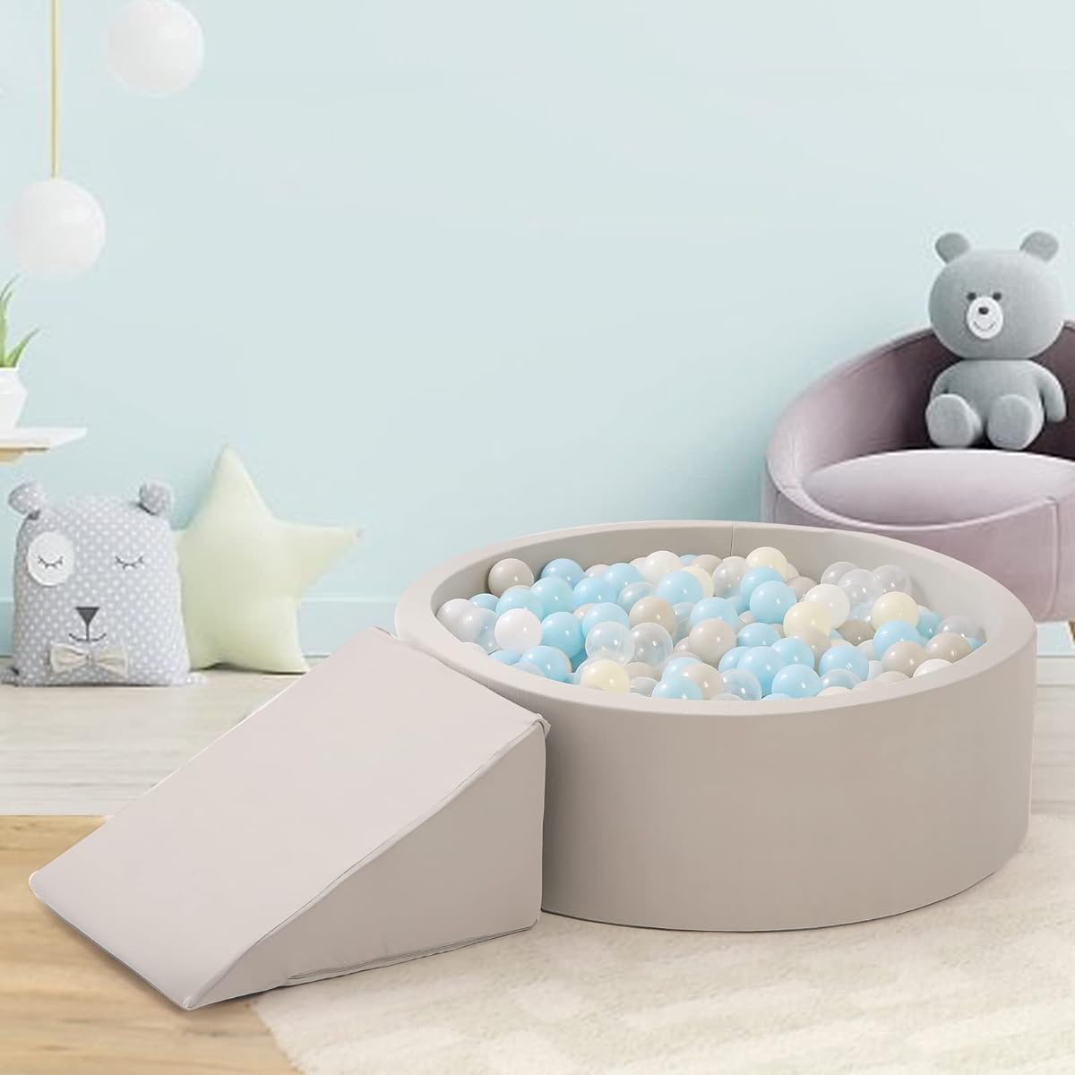 monleelnom Foam Ball Pit for Kids Toddlers Babies Infants Playpen Ball Pool Soft Round Design Easy to Clean and Install (Balls Not Included) 35.4" Diameter Light Grey with Wedges