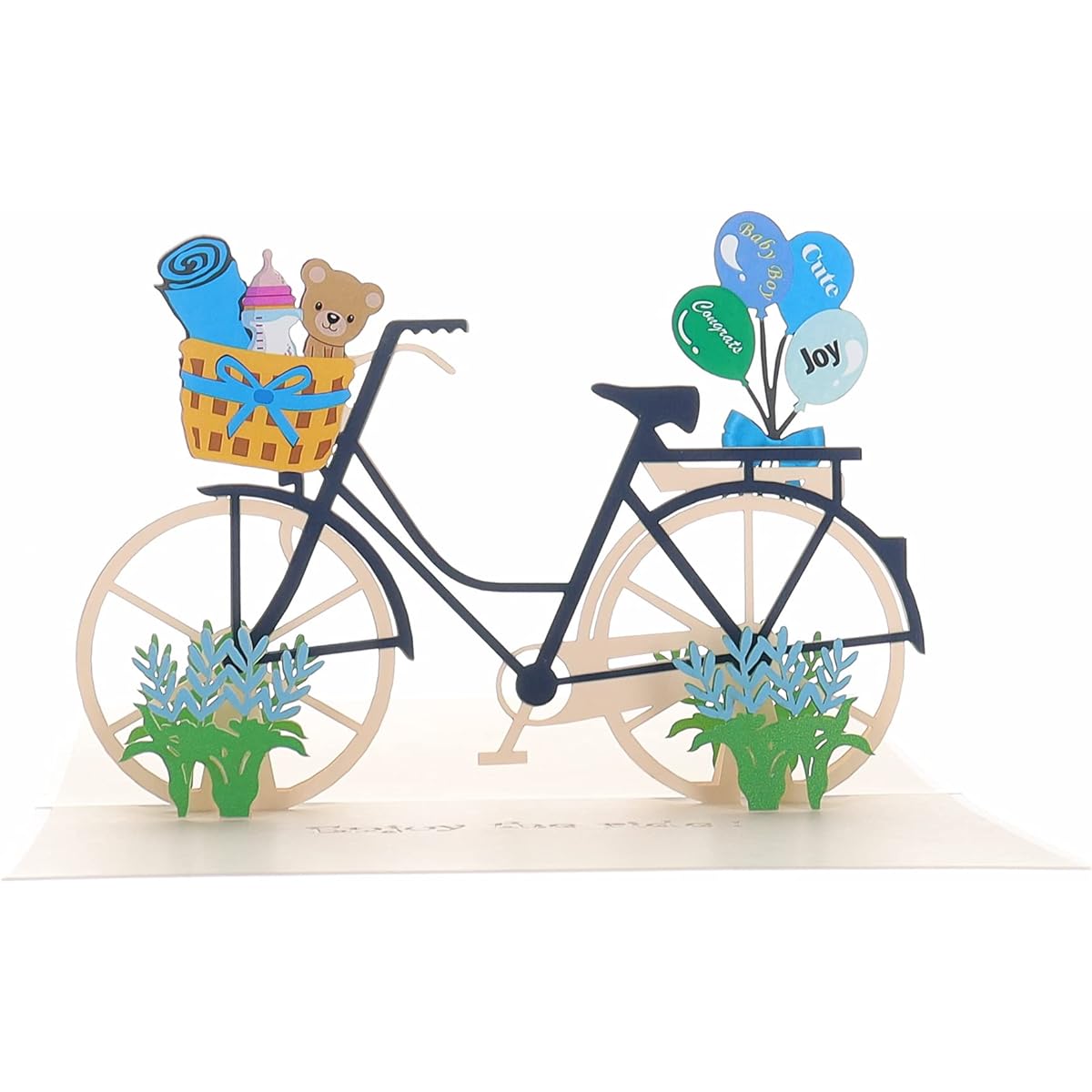 iGifts and Cards Cute Baby Boy Bike Shower 3D Pop Up Greeting Card - Parents and Children, Congratulations, Warm Wishes, Half Folded, Funny Balloons, Fun, Blue, Joy, Unique, Love, Happiness, Valuables