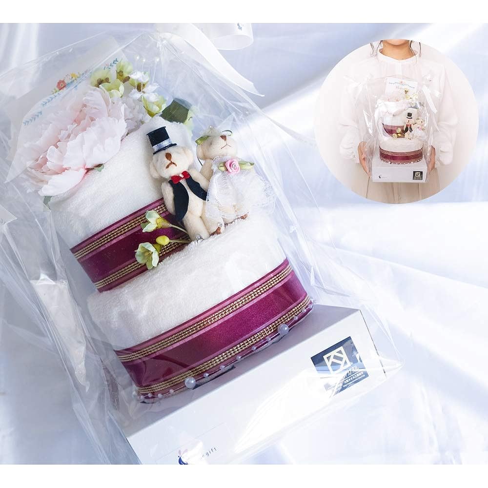 Towel Cake 2 Tier Bridal Wedding Gift Bear Senshu Towel Hand Towel Handkerchief Face Towel Towel Cake Bear Cute Present Flower Bouquet Made in Japan Flowers Birthday Party Cake Wedding After-Party Doll Beautiful Artificial Flowers Pair (Wine Red)