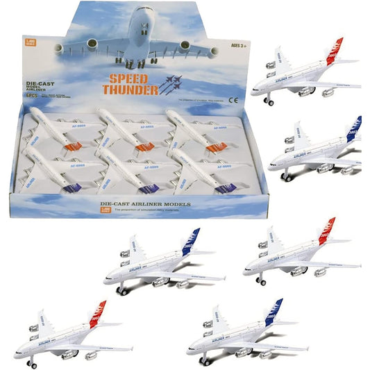 Diecast Commercial Airplane Toy 7.25" Big Model A380 with Lights and Sounds 1:400 Pull Back Alloy Metal Aircraft Party Favors for Kids Pack of 6