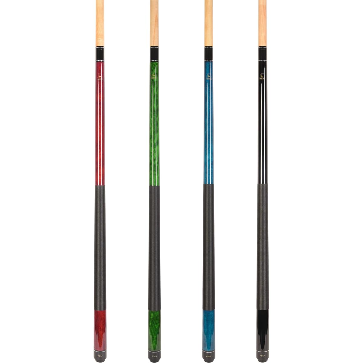 Aska Pool Cue Set of 4 LEC, Canadian Hard Rock Maple, Black, Blue, Green, Red 5/16x18, Joints with Black Nylon Wrap, Sturdy and Durable Le Pro Tips, Various Weights