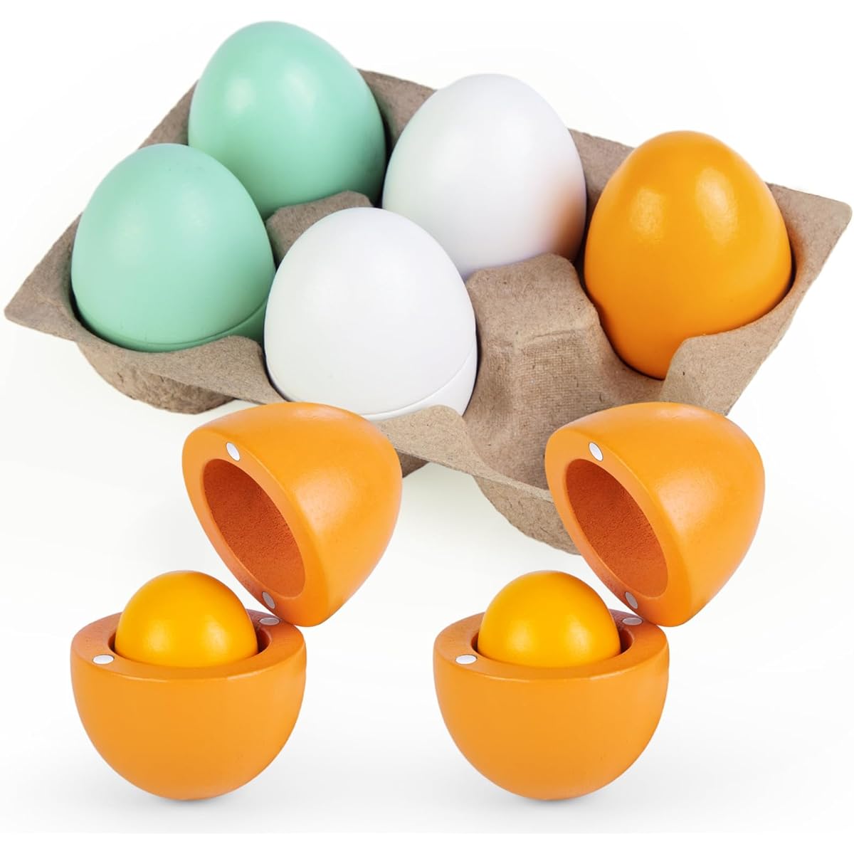 POPLAY Toddler Play Eggs, 6 Pieces Wooden Egg Toys, Magnetic Eggs with Separable Yolk, Pretend Play Food Toys for Kids Preschool Easter Eggs Kitchen Pretend Play