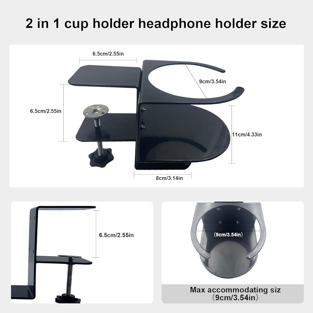 2-in-1 Desk Cup Holder with Headphone Hanger Holder Spill-proof Cup Holder - 360° Rotation Aluminum Alloy Stand Hook Bearing Capacity