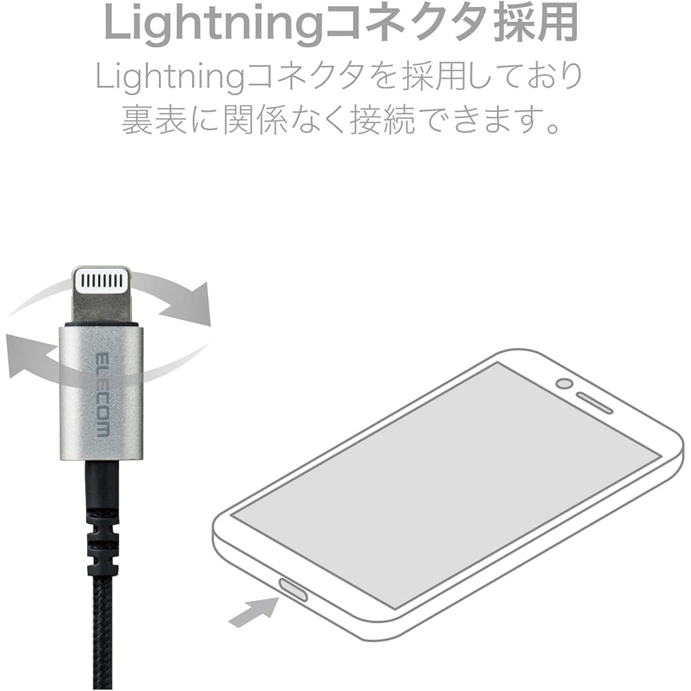 ELECOM Stereo Earphones Canal Type Lightning Microphone Fast Music LFS12C φ10.0mm Heavy Duty Cable Silver EHP-LFS12CMSV 1.2m