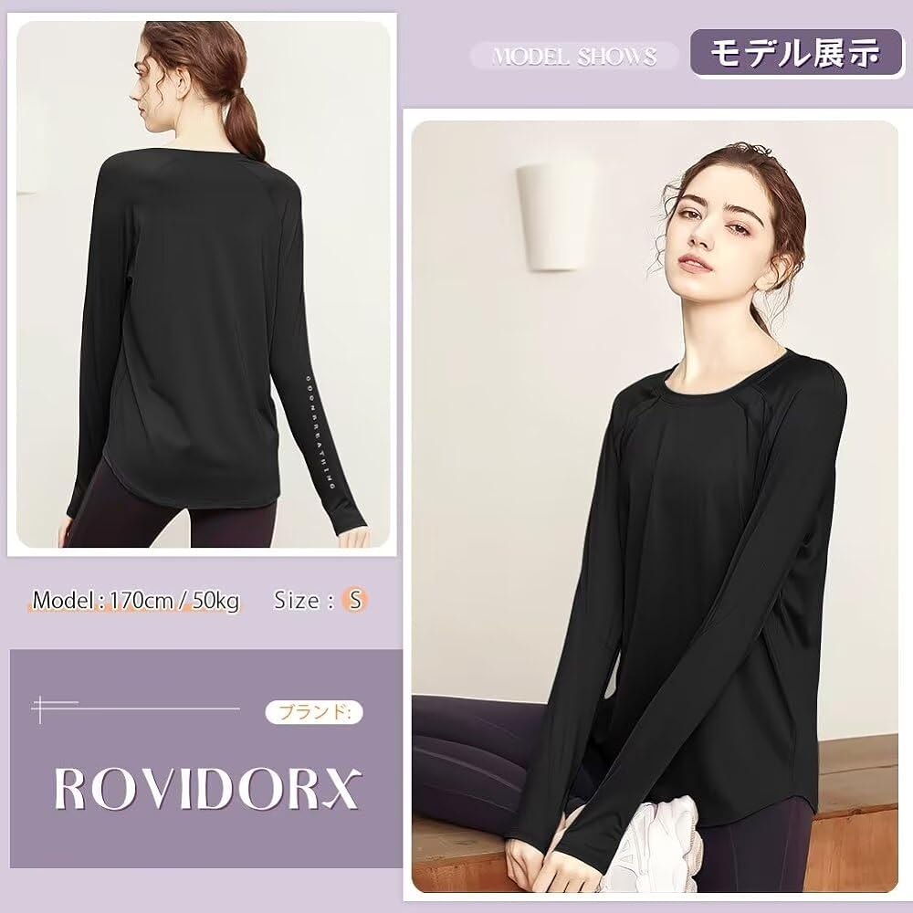 [Rovidorx] Yoga Wear Tops, Long Sleeve T-Shirt, Women's, Sports, Loose, With Finger Holes, Sportswear, Body Covering, Gym Wear, Pilates Wear, Training Wear, Running Wear, Long Length, UV Protection, Sweat Absorbent, Quick Drying