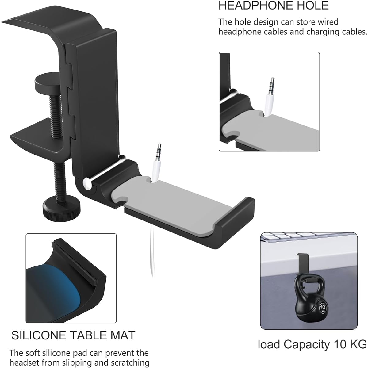 Foldable Headphone Holder Cable Clip Organizer for PC Gaming Headset, Black Aluminum Headset Holder Clamp Hanger Universal Headphone Mount Clam Pack of 2