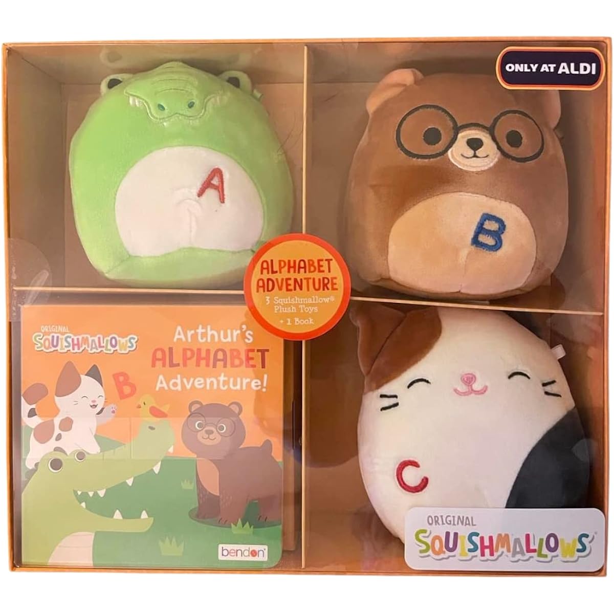 Official KellyToy Squishmallow 5-inch Plush and Book Set - 3 Squishmallows and 1 Book (Alphabet Adventure - Alligator, Bear, Cat)