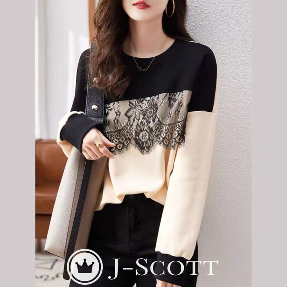 [J-Scott] Lace line tops, loose, bicolor, pullover, 10/4 sleeves, unlined, crisp, casual, women's JS101