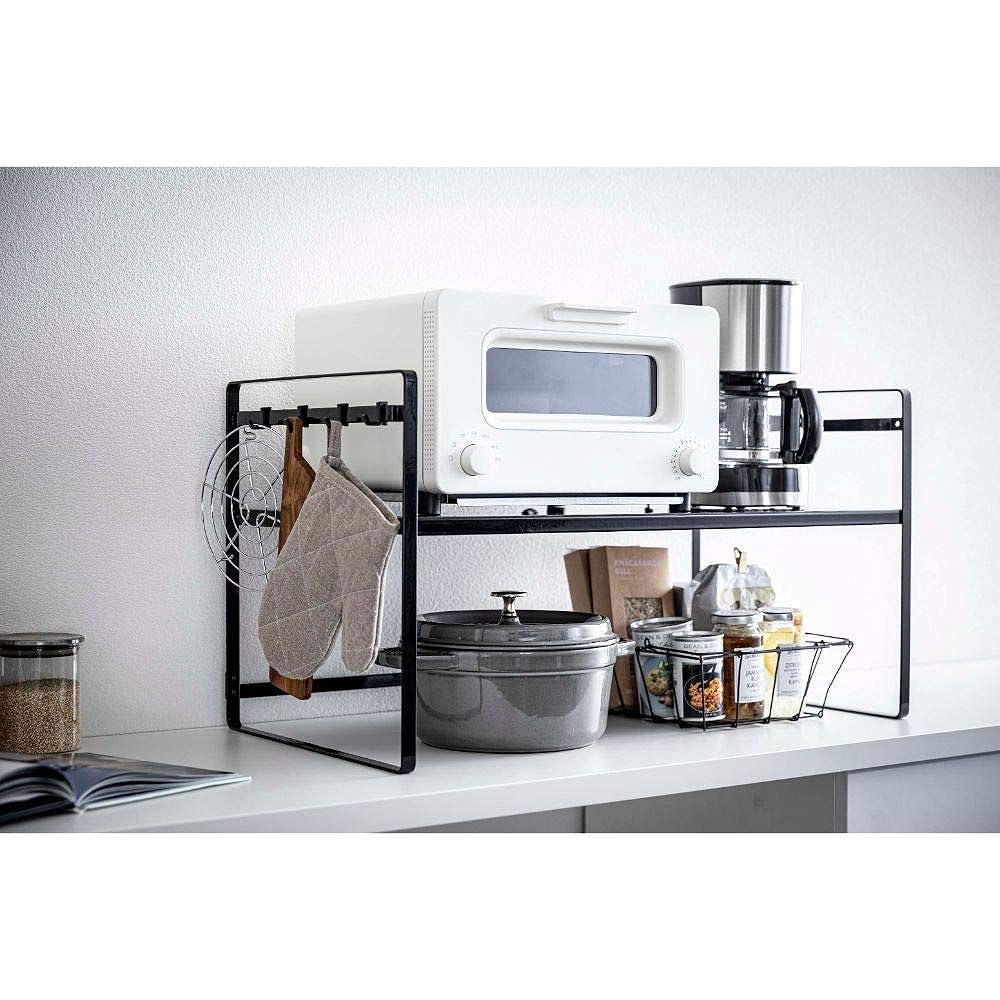 Yamazaki Jitsugyo 5163 Toaster Rack, Wide, Black, Approximately W65.5XD35XH36cm, Tower Kitchen Rack, Lower Tier Turns into Work Space, 2 Level Height Adjustment, Hook Included