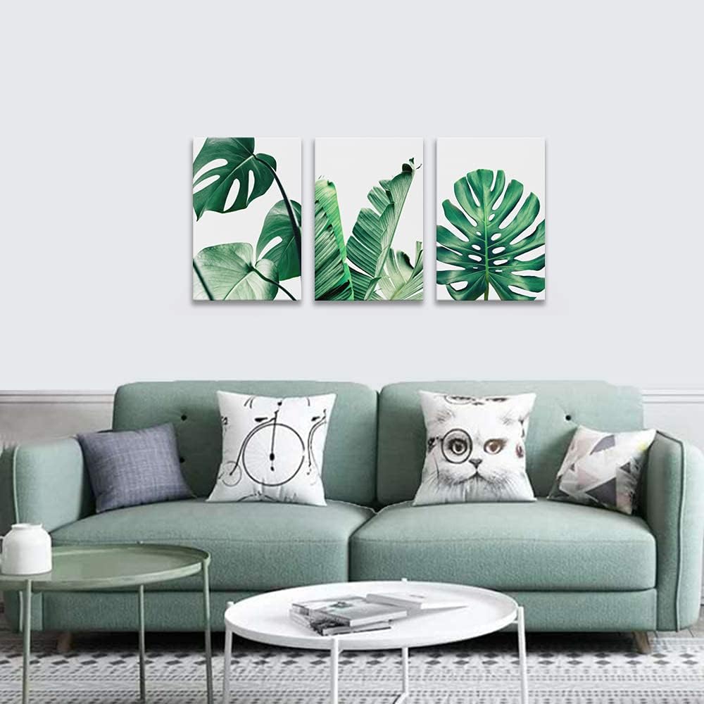 Art Panel Green Leaves Plant Painting Green Plant Decoration Landscape Photo Feng Shui Entrance Good Luck Feng Shui Painting Good Luck Painting Bath Painting Finished Product with Wooden Frame (40x60cmx3Pcs)