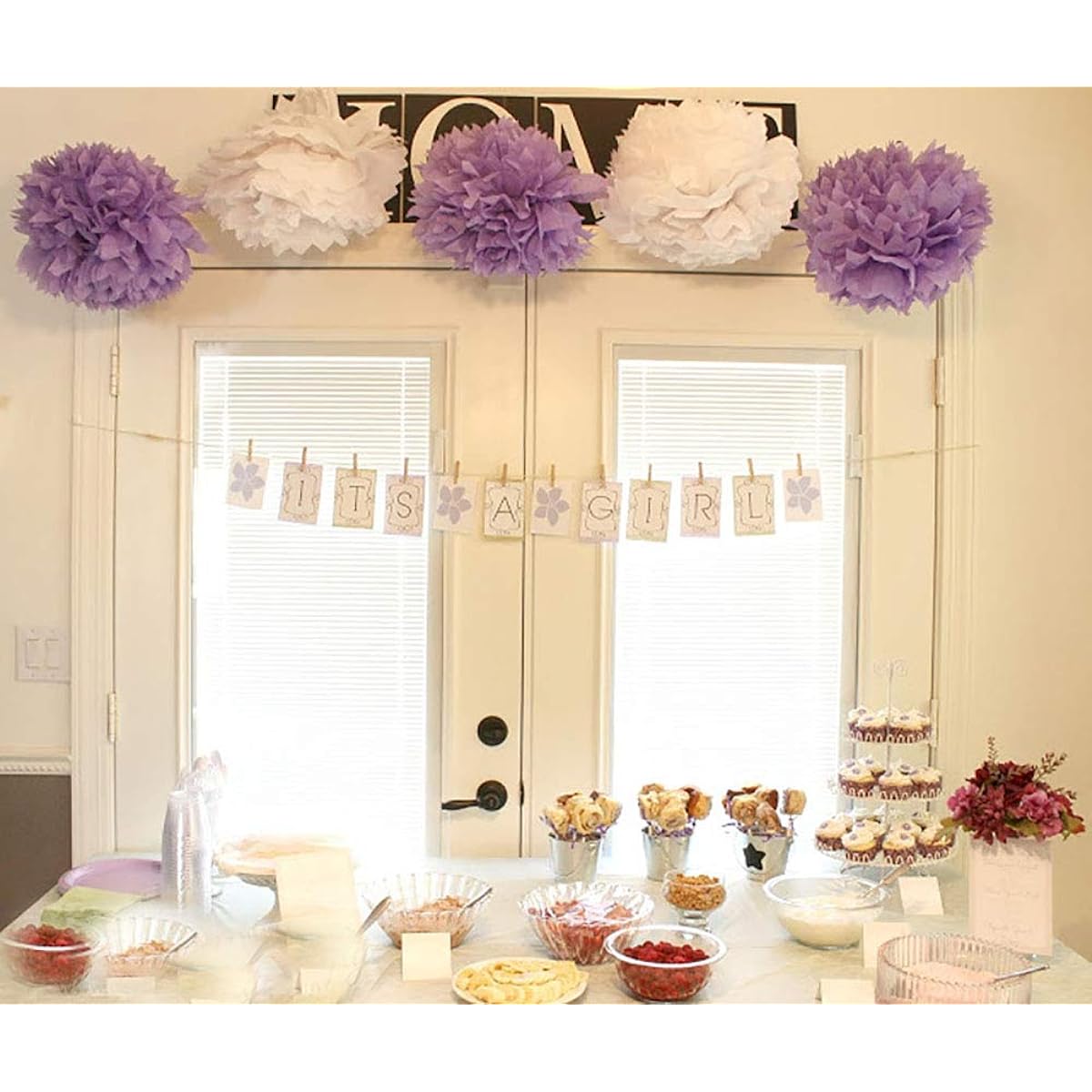 Elephant Baby Shower Decorations, 16pcs White Lavender Grey Purple Tissue Paper Paper Lanterns with Pom Poms for Lavender Theme Party Bridal Shower Decorations Birthday Decorations