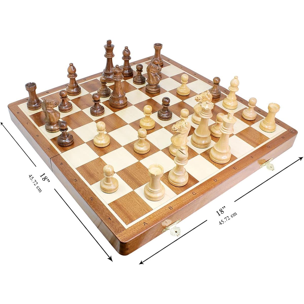 House of Chess - Fierce Knight Staunton 4" King Size Chess Set and 18" Folding Chess Board with Acacia Wood Algebraic Writing + 2 Extra Queens, 4 Extra Knights & 2 Extra Pawns