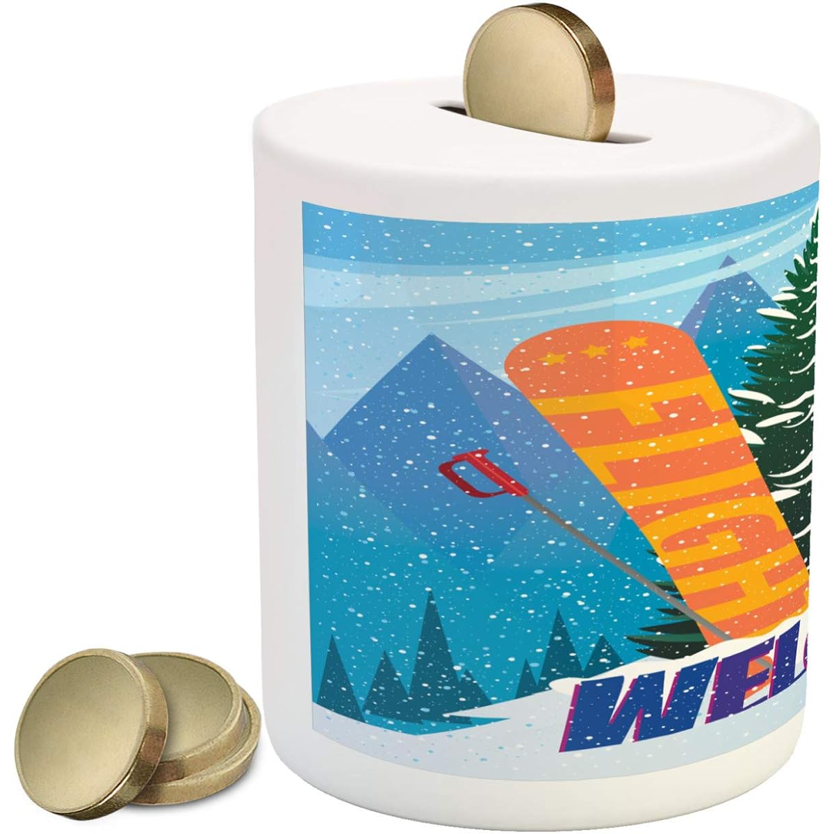 Lunarable Snowboard Piggy Bank - Welcome Engraved Ski Gear Out of the Snow with Pine Tree, Ceramic Piggy Bank for Saving Cash, 3.6" x 3.2", Multicolor