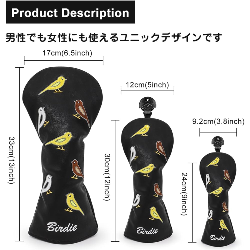 Golf Club Head Cover Birdie Golf Wood Cover Set Black Golf Driver Cover Fairway Wood, Utility, Hybrid Head Cover Aliennana Luxury Embroidery Stylish Leather