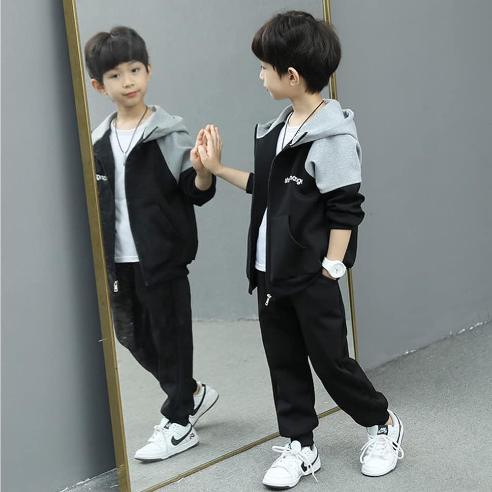 YNICEY Kids Boys Jersey Top and Bottom Set Hoodie Long Pants Hooded Spring/Autumn Children's Clothes Sweat Setup Simple Athletic Wear Sportswear Casual 120-160cm