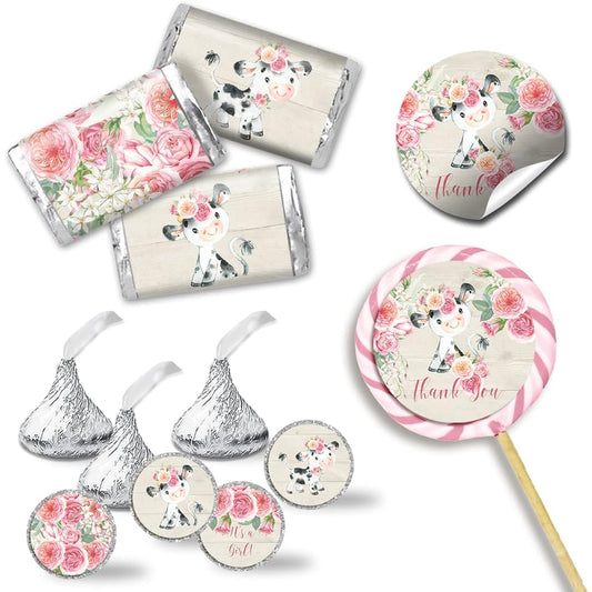 Amanda Creation Watercolor Pink Floral Cow Baby Shower Stickers Bundle Kit - 429 Pieces!!! 60 2" Circle Stickers for Favors & Goodie Bags, 45 Mini Candy Bar Wrappers & 324 Round Candy Kiss Stickers