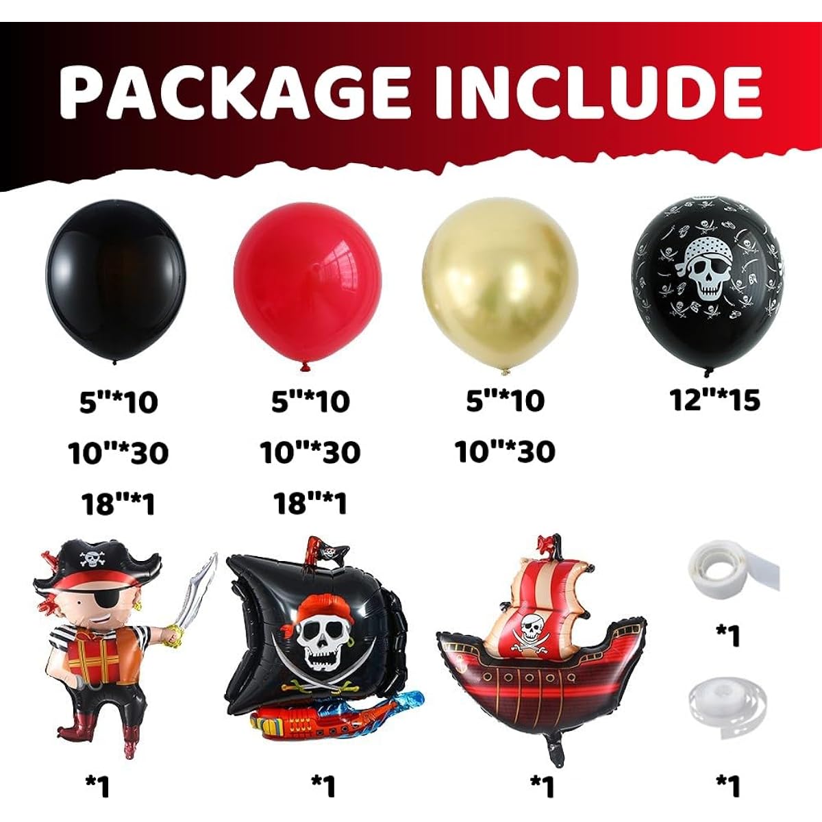 Pirate Ship Party Decorations 142 Pieces Black Red Metallic Gold Balloon Arch Garland Kit Pirate Ship Foil Mylar Balloons Pirate Ship Sea Theme Halloween Baby Shower Birthday Party Decorations Supplies (Red Black)