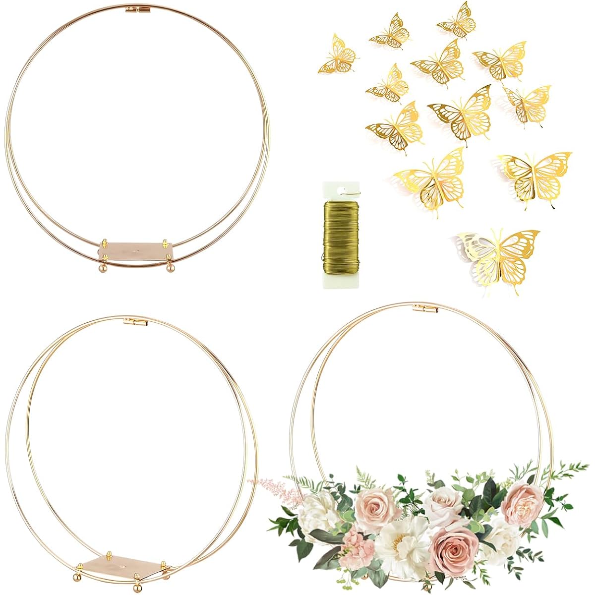 3 Pack 10 Inch Metal Floral Hoop Centerpieces with Stand and 38 Yard Paddle Wire Craft Centerpieces Table Decorations Centerpieces for Weddings, Christenings, Parties, Tables DIY Metal Ring Table Decor Gold