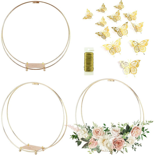 3 Pack 10 Inch Metal Floral Hoop Centerpieces with Stand and 38 Yard Paddle Wire Craft Centerpieces Table Decorations Centerpieces for Weddings, Christenings, Parties, Tables DIY Metal Ring Table Decor Gold