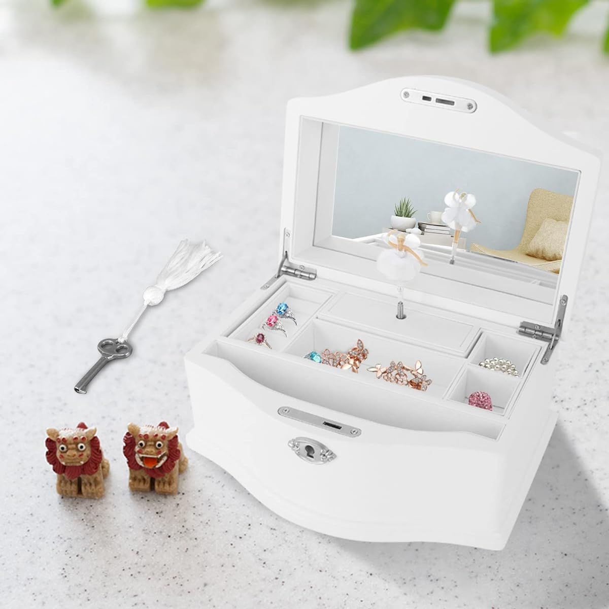Jozen Gift Wooden Ballerina Musical Jewelry Box with Mirror & Tassel Key for Kids/Girls Musical Keepsake Gift Kids Jewelry Storage Music Box White