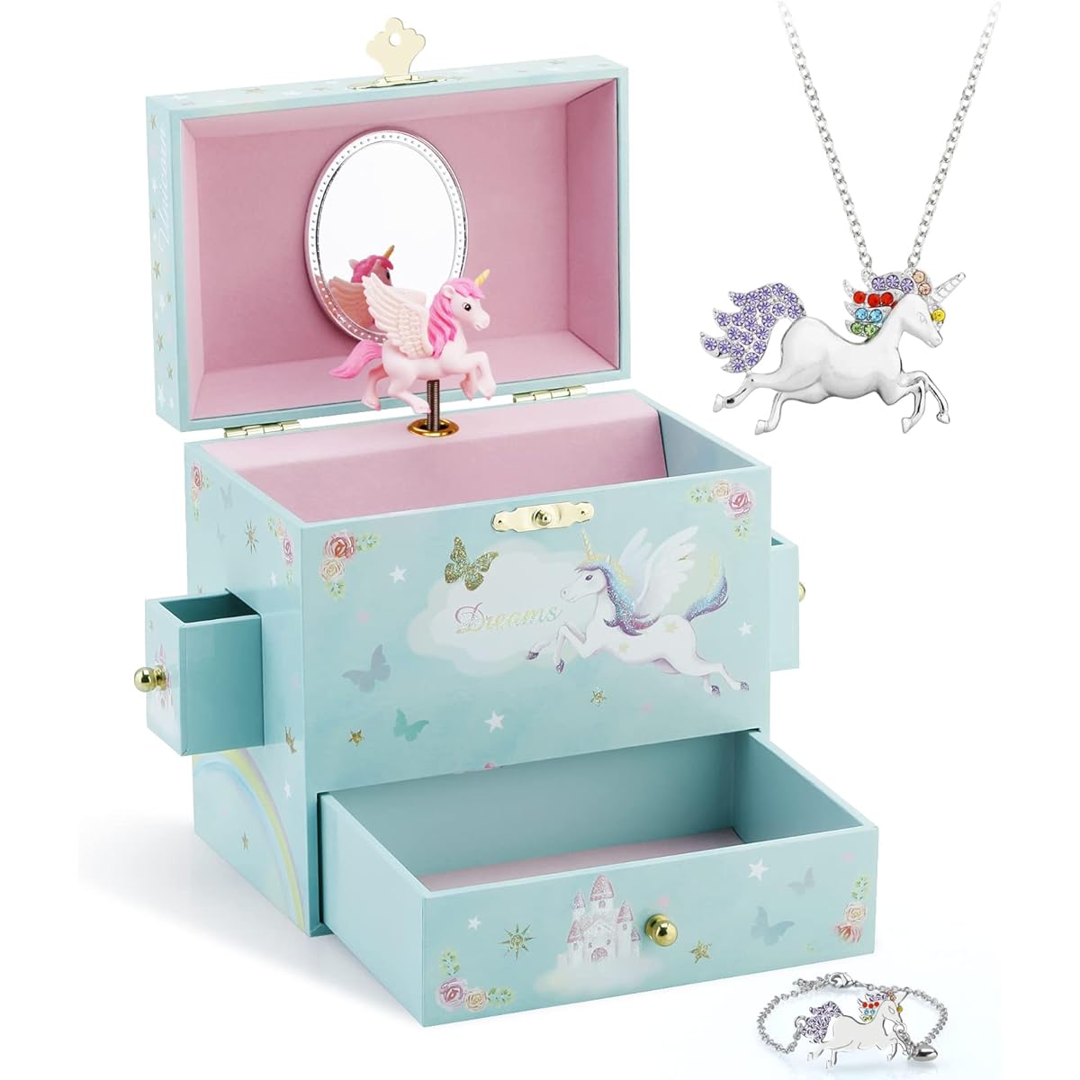 Musical Jewelry Box for Little Girls with 3 Drawers and Jewelry Set, Spinning Unicorn and Rainbow Butterfly Design - Blue Danube Tune, Blue