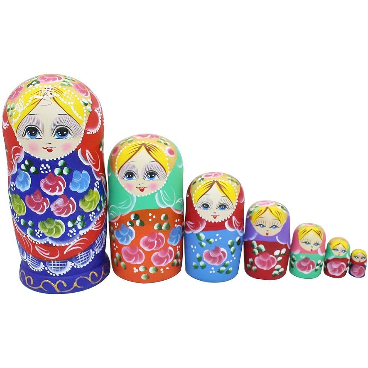 Blonde girl, red and blue body, floral pattern, colorful matryoshka doll, matryoshka, handmade, hand-painted, wooden product, set of 7, birthday present, gift, children's toy, ornament, figurine, limited time only