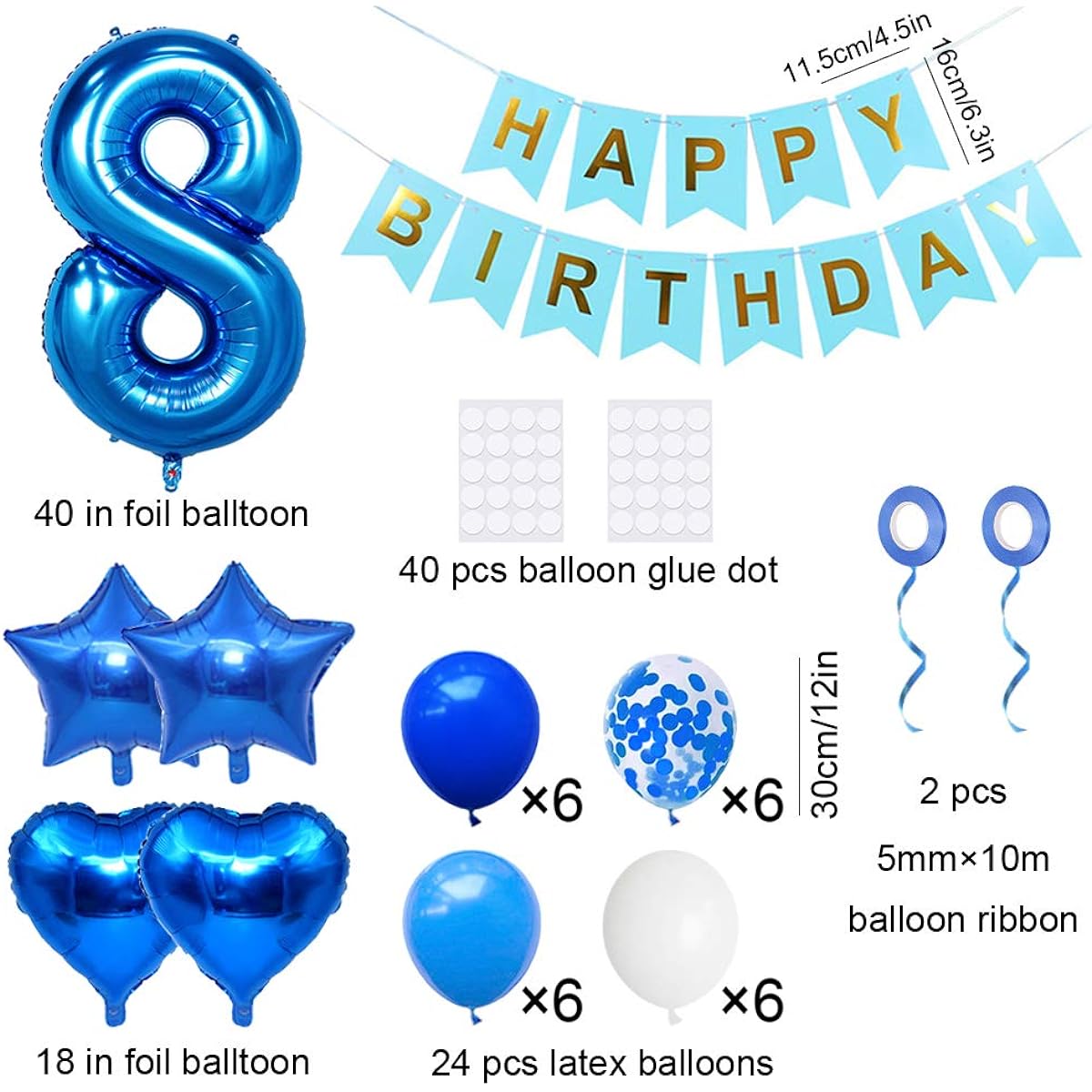 Huture 8 Birthday Party Supplies, Blue Number 8 Foil Balloons, Happy Birthday Banner Kit, 8th Birthday Decorations, White Blue Latex Confetti Balloons, Foil Star Balloons, Best Gift for Girls/Boys/Birthday