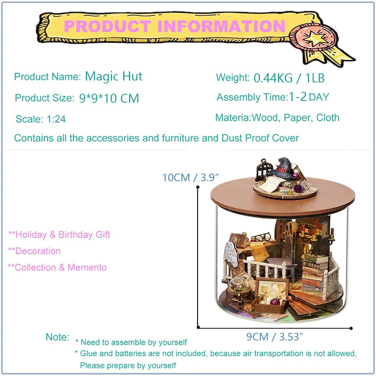 Roroom DIY Miniature Furniture Dollhouse Kit Mini 3D Wooden Dollhouse Craft Model with Dustproof Cover and LED Creative Room Ideas Valentine's Day/Birthday Gift (Magic Hat)