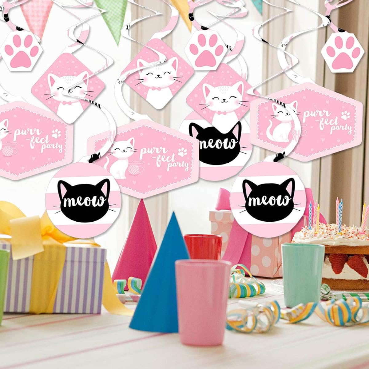 Big Dot of Happiness Purr-fect Kitty Cat - Kitten Meow Baby Shower Birthday Party Hanging Decor - Party Decoration Swirls - Set of 40
