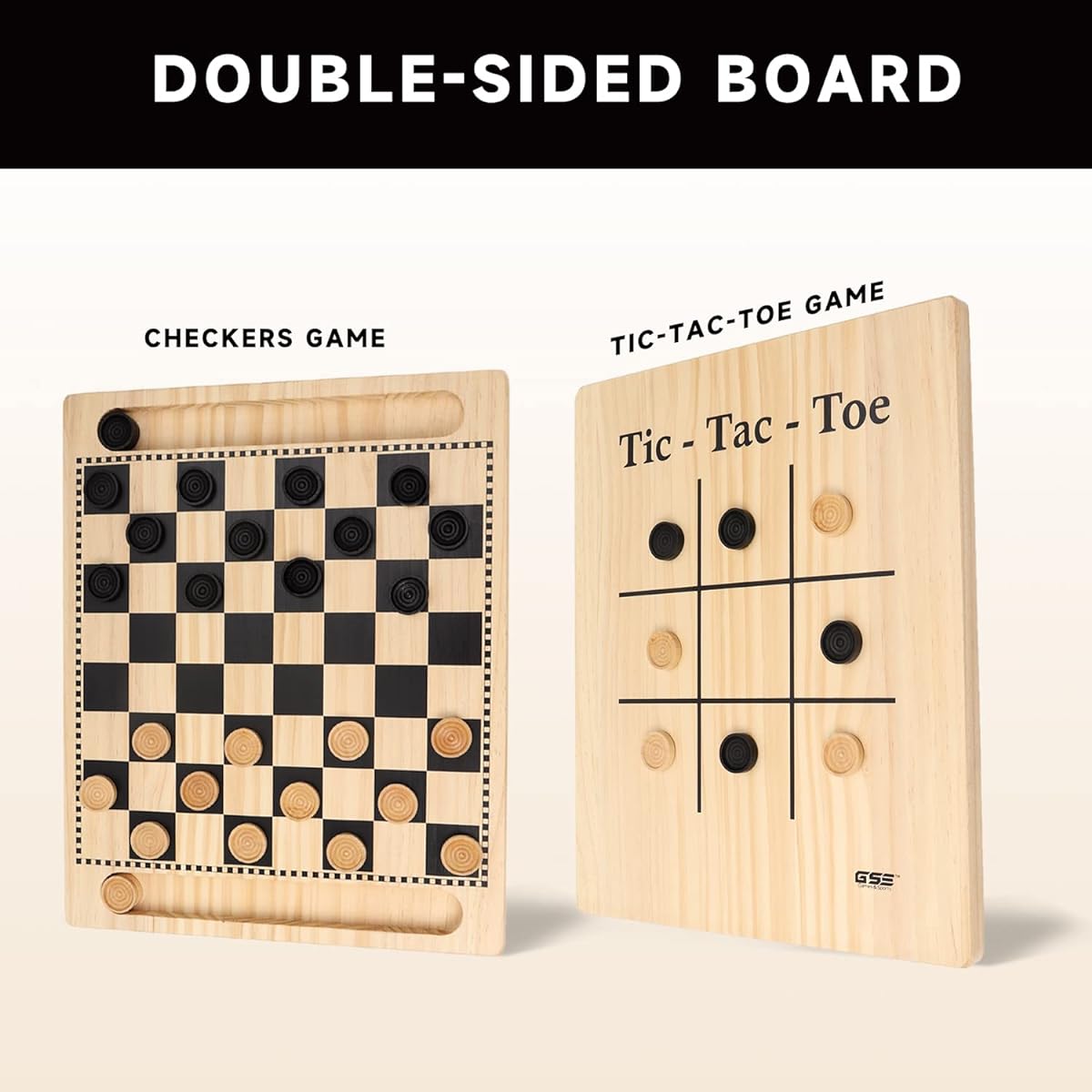 Wooden Checkers & Tic-Tac-Toe Board Game Set 2-in-1 with Wooden Pieces and Storage Slots