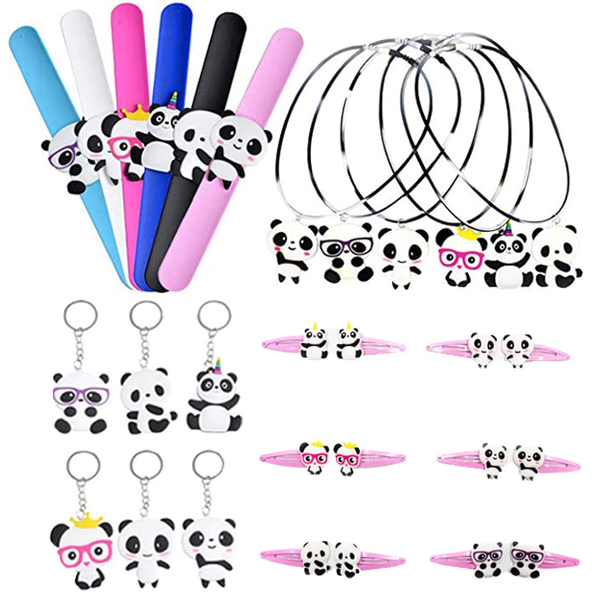 24 Pack Panda Party Favors Panda Slap Bracelets Necklace Keychain with Hairpins Panda Bear for Birthday Baby Shower