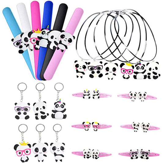 24 Pack Panda Party Favors Panda Slap Bracelets Necklace Keychain with Hairpins Panda Bear for Birthday Baby Shower