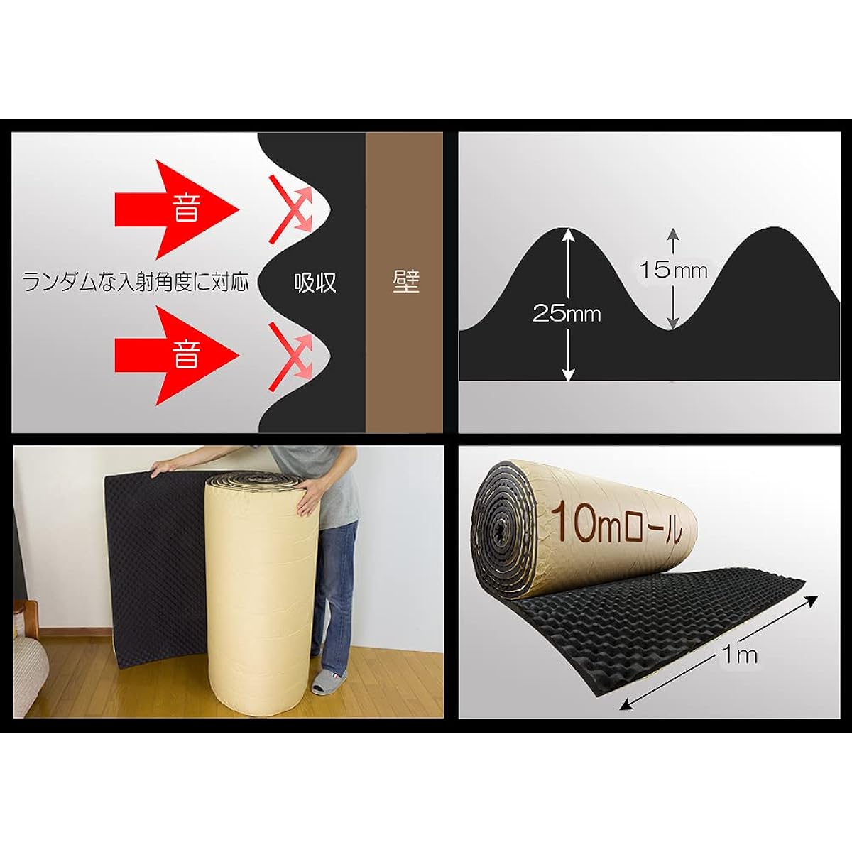e Mons Sound Absorbing Material Roll Type Wave Type 10m x 1m x 25mm [1M x 10M Roll Wave Type] Fireproof Flame Retardant Rubber Foam Adhesive Tape Soundproofing Sheet Deadening Car Audio Vibration Control Vibration Wall Car