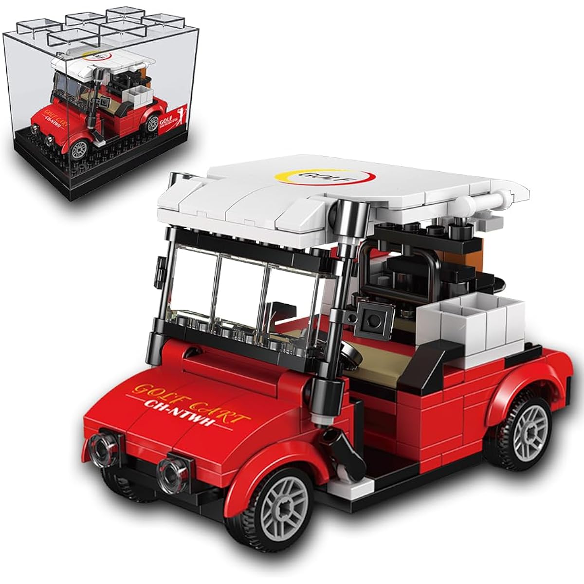 CH NTWH 1:20 Scale Red Golf Toy Cart Building Set with Acrylic Display Case - Great Golf Desk Decor Gift for Golf Enthusiasts