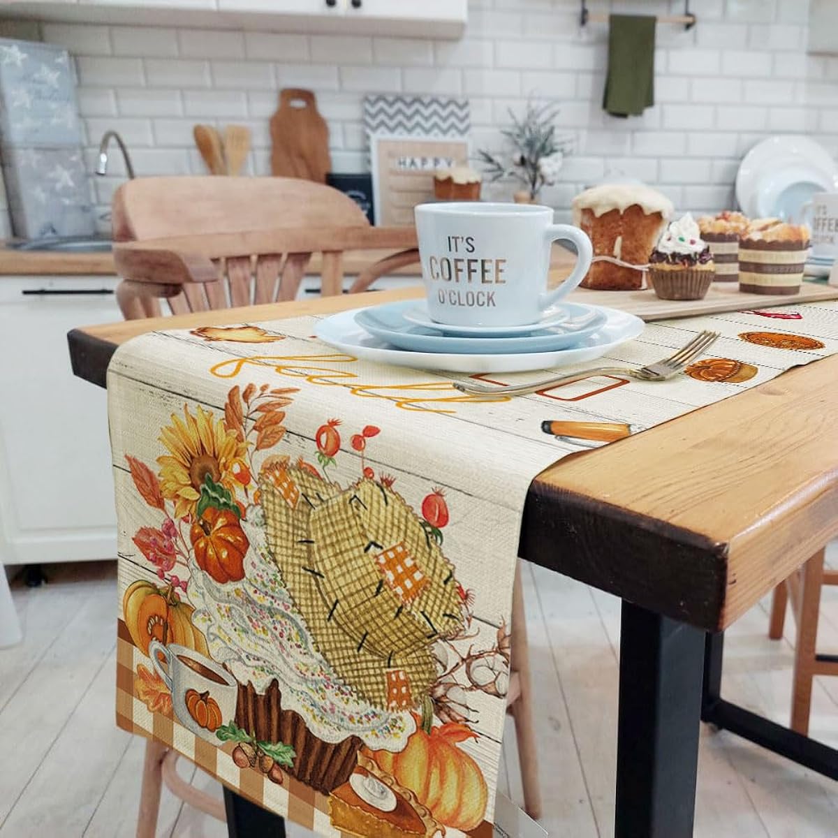 Autumn Thanksgiving Orange Checkered Linen Table Runner with Dessert Leaves Pumpkin Floral Table Runner for Kitchen Dining Decor Banquet Restaurant Outdoor Home Party Decor 13 x 72 Inch