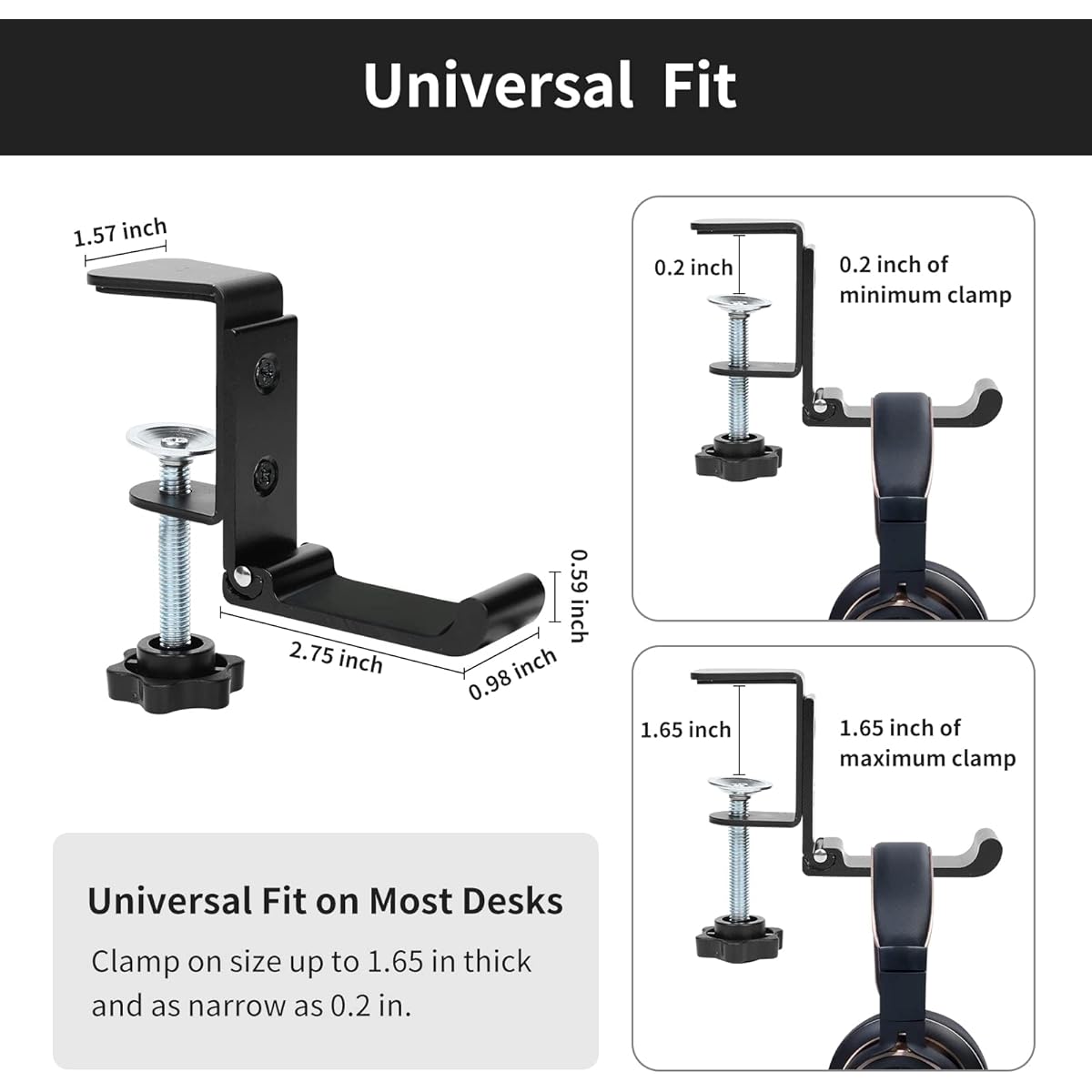 merryhome Headphone Stand Headset Holder Under Desk Hanger Desk Clamp Metal Black Universal Fit Hook Adjustable PC Gaming Holder Headphone Stand Soundbar Mount Design