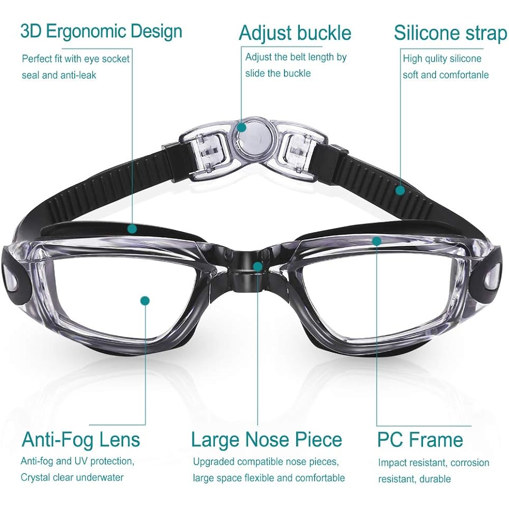 Uniswim Clear Swim Goggles Swimming Goggles Leak Free Anti-Fog UV Protection Clear Wide View Triathlon Swimming Goggles for Adults Men Women Youth Teens Black Lucency