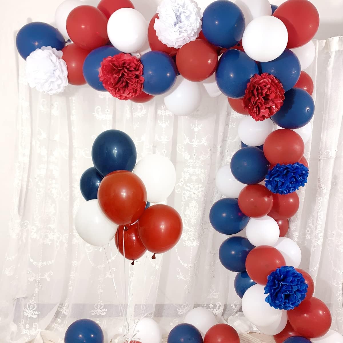 Dark Red White and Blue Balloon Garland Arch Kit 75pcs Navy Burgundy White Balloons 6pcs Paper Flowers 4th of July Patriotic Graduation Decorations Baseball Birthday Party Nautical Baby Shower