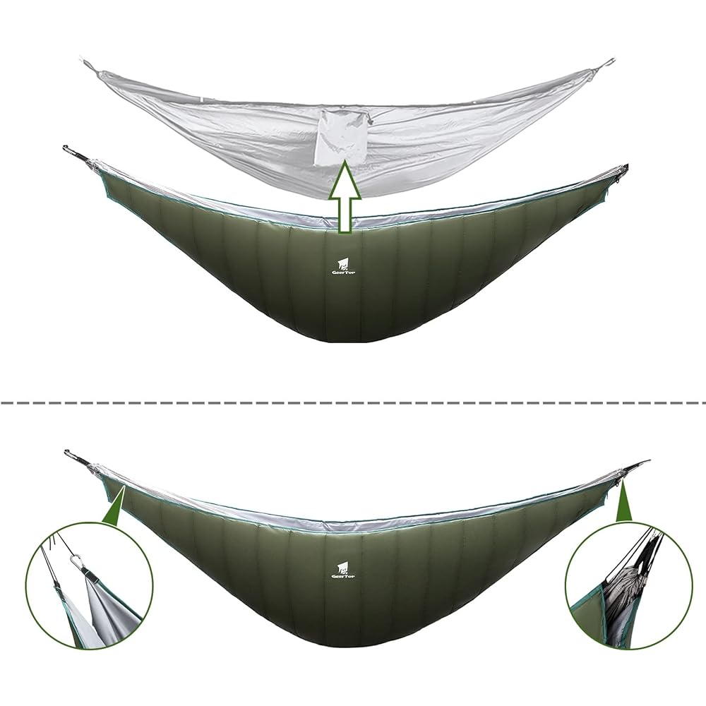 Geer Top Hammock Quilt, Cold Weather Futon, Underquilt, Thick, Sleeping Bag Type, Lightweight, 850g, Applicable Temperature: 5°C-20°C, 3 Seasons, Camping, Travel, Touring, Garden, Portable, Attaches to Hammock, Storage Bag Included, Green