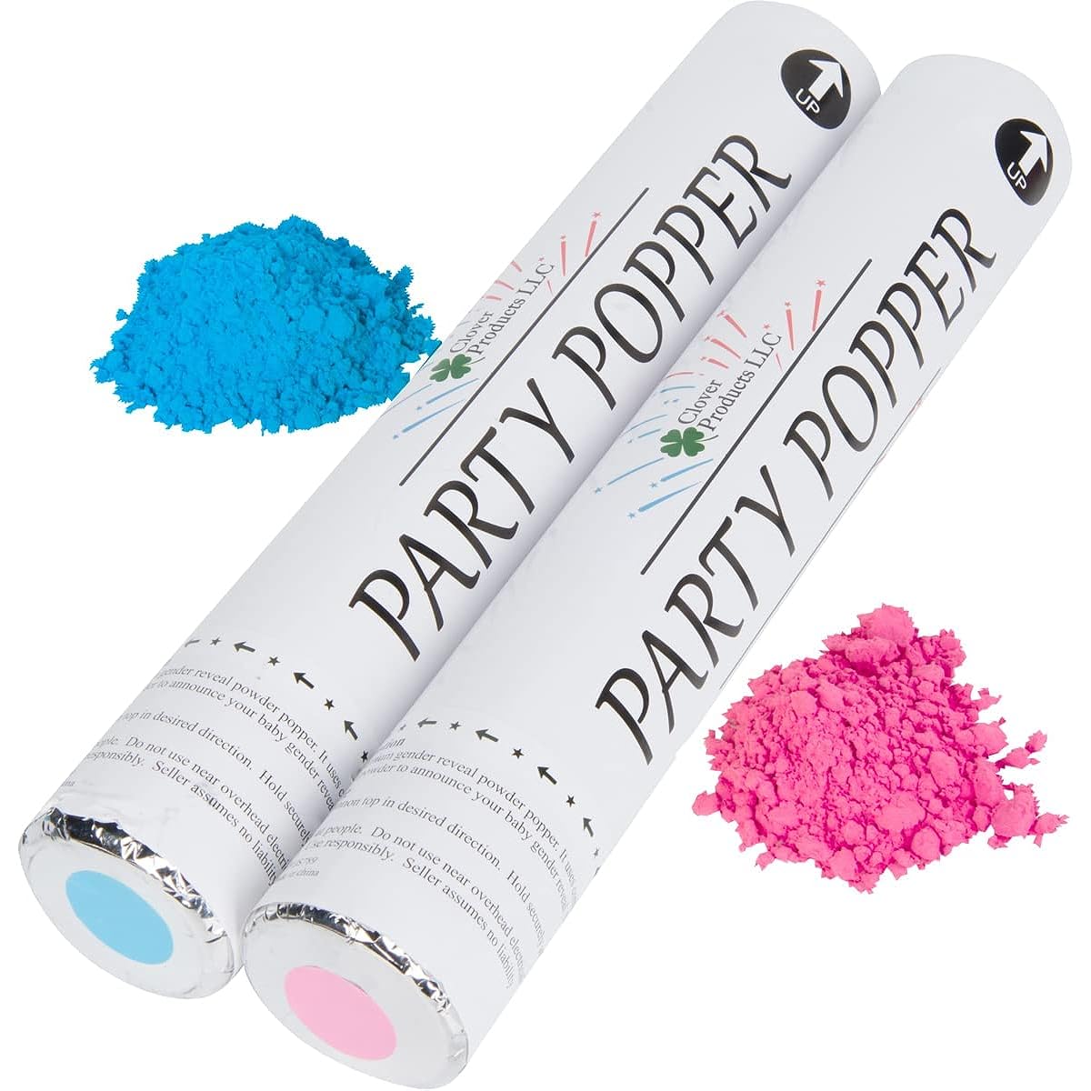 s - This 4-pack includes 2 pink and 2 blue 12-inch poppers. Compressed air shoots vibrantly colored powder up to 20 feet into the air, making your celebration a memorable one. Each box also includes a complimentary "It's a Girl" and "It's a Boy" balloon.
