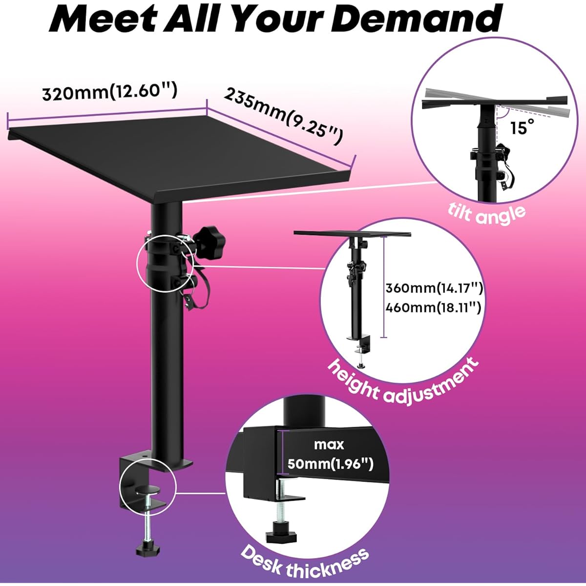 Studio Monitor Stand, Adjustable Height and Tilt Angle, Heavy Duty Desktop Speaker Stand with Desk Clamp, Maximum Load Capacity: 12kg/pcs, Ideal for Studio Monitor Bookshelf Speakers